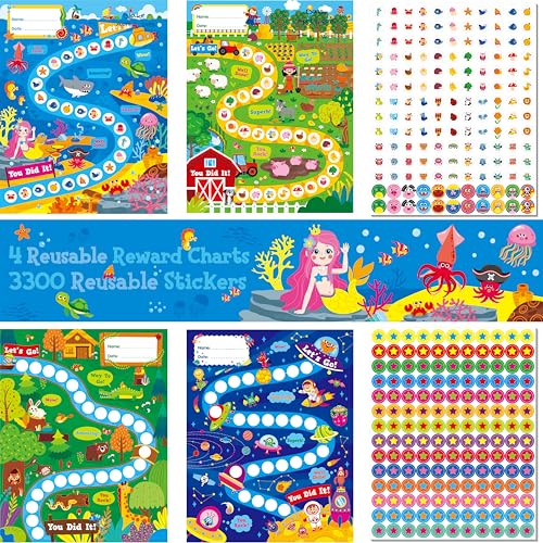 4 Incentive Charts with 3300 Reusable Stickers, Forest/Farm/Ocean/Space Themed Reward Chart for Classroom, Home, Kids Homework Assignments, Attendance, Good Behavior, Chores, Potty Training Progress - style: Farms /oceans / Universe / Forest