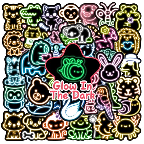 50 Pcs Glow in The Dark Neon Animals Stickers for Water Bottle, Waterproof Vinyl Cartoon Animals Laptop Decals, Phone Case Luggage Scrapbook Mug Decorations - color: Luminescent-462ksxx