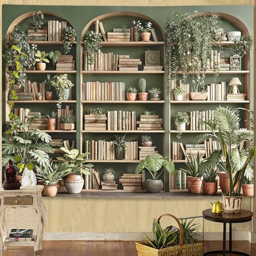 Accnicc Sage Green Plant Bookshelf Tapestry Botanical Bookshelf Tapestries Wall Hanging Vintage Potted Plants Library Backdrop Large Tapestry for Bedroom Living Room Dorm 80 x 60 inch - color: Sage Green, size: 80"L x 60"W