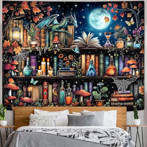 Accnicc Dragon Bookshelf Tapestry Witchy Mushroom Bookshelf Tapestries Wall Hanging Gothic Medieval Fantasy Moon Dark Academia Book Extra Large Tapestry for Bedroom Living Room Dorm 90 x 68 inch - color: Blue Red, size: 90"L x 68"W