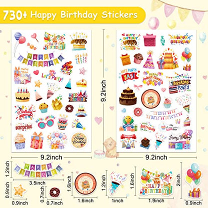 LINAYE 24 Sheets Happy Birthday Stickers - 730 Counts, Small & Large Sizes, Perfect for Birthday Party Decorations & Gifts - style: Birthday 24 Sheets