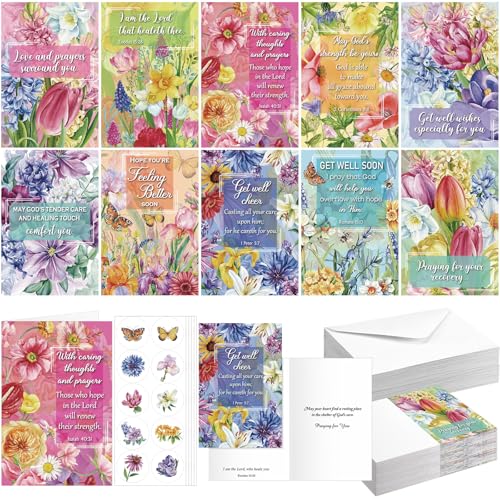 50 Pack Christian Get Well Cards Bulk, 4 x 6 Inch Christian Sympathy Cards - style: Flower of Nature