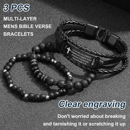 Mens Cross Bead Braided Genuine Leather Bracelet, Black Gemstone Agate Onyx Beaded Rosary Obsidian Bangle, Faith Religious Easter Catholic Christian Communion Baptism Christmas Jewelry Gift for Men - color: Set-Philippians 4:13