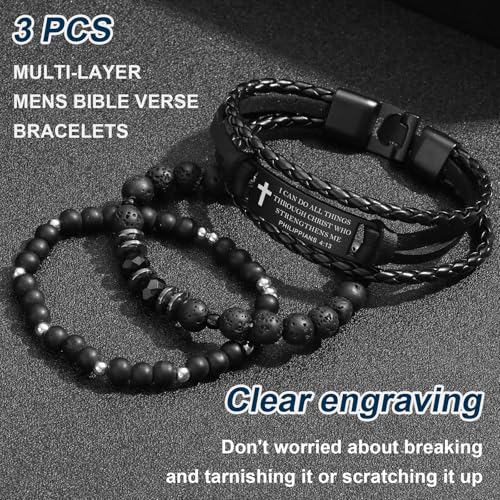 Mens Cross Bead Braided Genuine Leather Bracelet, Black Gemstone Agate Onyx Beaded Rosary Obsidian Bangle, Faith Religious Easter Catholic Christian Communion Baptism Christmas Jewelry Gift for Men - color: Set-Philippians 4:13
