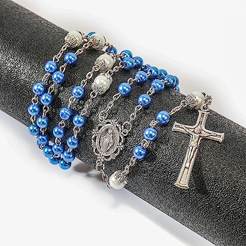 Nazareth Store Pearl Beads Rosary White Our Father Beaded Necklace Lourdes Medal & Cross Crucifix Spiritual Devotion - color: Blue