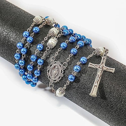 Nazareth Store Pearl Beads Rosary White Our Father Beaded Necklace Lourdes Medal & Cross Crucifix Spiritual Devotion - color: Blue