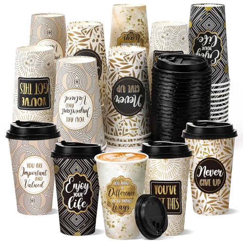 50 Pack 16 oz Disposable Coffee Cups with Lids Black Gold - style: Black and Gold Inspirational Quotes