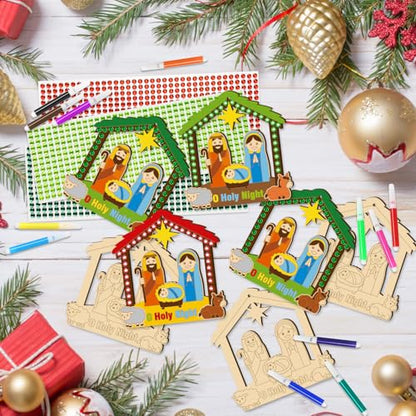 BeYumi Christmas Wooden House Craft - 20Pcs DIY Wooden House Ornaments Craft Kit for Kids Make Your Own Nativity Decor Christian Religious Xmas Crafts with Gem Sticker Church Party Decoration Supplies - style: Nativity House