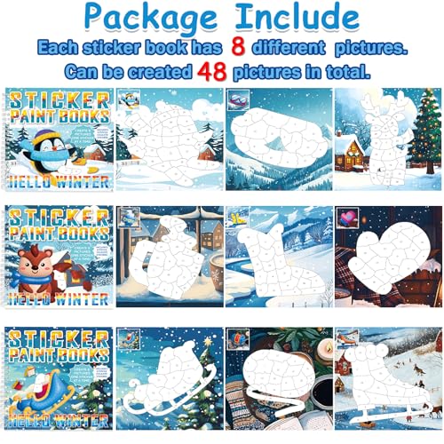 6Pcs Hello Winter Paint by Sticker Books for Kids Ages 4-8 Sticker by Number Books Activity Book for Kids Ages 3-5 Sticker Puzzle Book Xmas Craft Art Toddler Girl Gift with Snowman Penguin 48 Pictures - style: Hello Winter