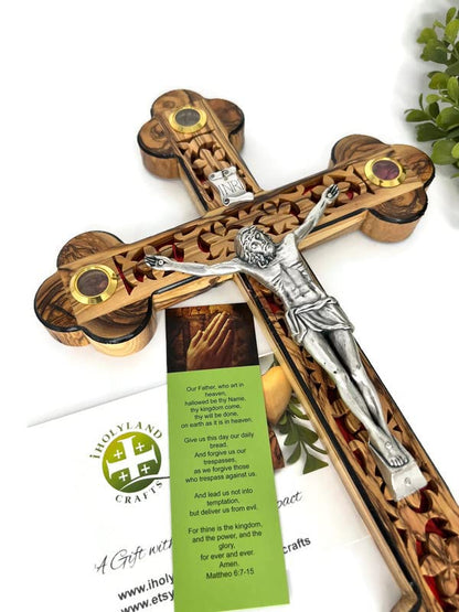 iHoly Land Crafts Mother of Pearl Olive Wood Crucifix Wall Cross, 15" x 10" - size: 15"L x 10"W