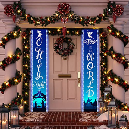 2 Pcs Holy Night Christmas Nativity Porch Sign Religious Blue Jesus Nativity Banner with LED String Lights for Winter Christmas Front Door Porch Yard Decorations 12 x 71 Inch