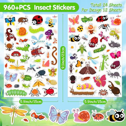 LINAYE 24 Sheets Cute Bug Insect Stickers for Kids, 960 Counts for Scrapbooking,Water Bottles,Envelopes,Laptop Lovely Insect Stickers for Classroom Boys Girls - style: Cute Insect 24 Sheets