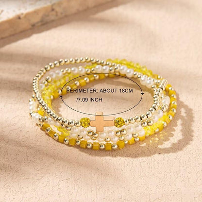 Colorful Cross Charm Bracelets for Women Men Adjustable Gold Plated Beaded Bracelet Boho Bead Ball Stretch Bracelet Birthday Summer Beach Jewelry - color: Yellow B
