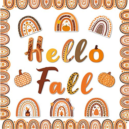 CY2SIDE 93pcs Hello Fall Boho Rainbow Cutouts for Bulletin Board Border Sets, Pumpkin Bohemian Rainbow Trim Classroom Borders for Autumn, Thanksgiving Fall Boho Rainbow Bulletin Board Decor for School - style: A-FALL