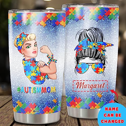 WAZONE Personalized Autism Mom Tumbler Cup From Daughters Sons For Mommy Mother Mama Customized Name With Lids 20 30 Oz Presents Idea Birthday Christmas Mothers Day - color: Autism