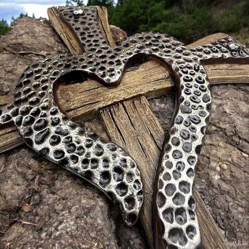 Rustic Resin Heart Cross Wall Decor – 12 1/2” Faux Wood and Hammered Metal Look Religious Wall Cross – Christian Home Decor Symbolizing Love and Faith – Farmhouse Style Wall Hanging Jesus Art Sculpture