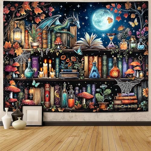 Accnicc Dragon Bookshelf Tapestry Witchy Mushroom Bookshelf Tapestries Wall Hanging Gothic Medieval Fantasy Moon Dark Academia Book Large Tapestry for Bedroom Living Room Dorm 80 x 60 inch - color: Blue Red, size: 80"L x 60"W