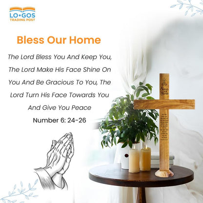 Bless Our Home Memorial Cross Stand for Desk - Genuine Handcrafted Olive Wood Large Wooden Cross From the Holy Land, Engraved Tabletop Cross Statue, Keepsake Religious Gifts for Loss of Loved One - color: Bless Our Home