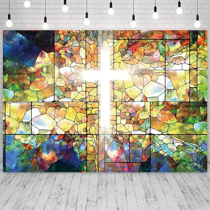 15x10ft Jesus Christ Cross Backdrop Stained Glass Holy Bible for Church Event Photography Background Crucifix Christian Religious Easter Decorations Banner Portraits Photo Studio Props - size: 15x10ft