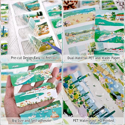 Summer Scenery Sticker Book, PET & Washi Stickers for Journaling - color: Blue-ocean Sunshine