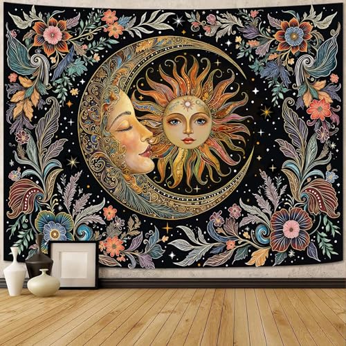 Fungarth Sun and Moon Tapestry Hippie Boho Floral Wall Tapestry for Bedroom Aesthetic Vintage Plant Celestial Spiritual Botanical Small Tapestries Wall Hanging for Living Room Dorm 48 x 36 Inch - color: Hippie Plant, size: 48"L x 36"W