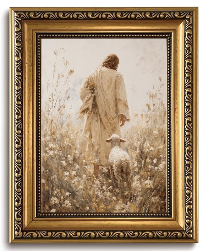 Gold Framed Jesus And Lamb Wall Art Jesus Leaves the 99 Sheep Painting - color: Gold Framed-07, size: 10"L x 8"W