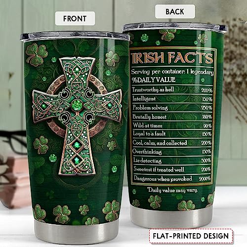 SANDJEST Irish Tumbler 20oz Irish Facts Celtic Cross Stainless Steel Tumbler with Lid Gift for Women Birthday Christmas - color: Irish