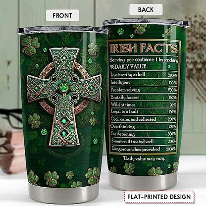 SANDJEST Irish Tumbler 20oz Irish Facts Celtic Cross Stainless Steel Tumbler with Lid Gift for Women Birthday Christmas - color: Irish