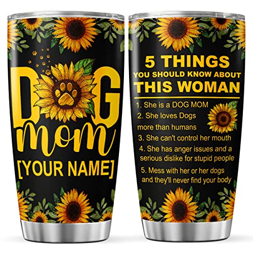 CUBICER Personalized Coffee Tumbler Sunflowers Customized Name Travel Mug Birthday Gifts For Mom Dog Lovers Stainless Steel Cup Insulated Tumblers Inspirational Quotes Mothers Day - color: Sunflowers And Dog Mom