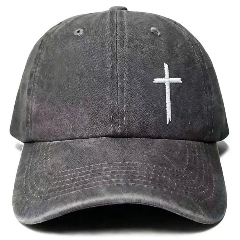 Unisex Washed Black Cross Baseball Cap, Adjustable Cotton Christian Faith Dad Hat, Casual Outdoor Embroidered Hat - color: Washed Grey2