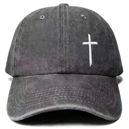 Unisex Washed Black Cross Baseball Cap, Adjustable Cotton Christian Faith Dad Hat, Casual Outdoor Embroidered Hat - color: Washed Grey2