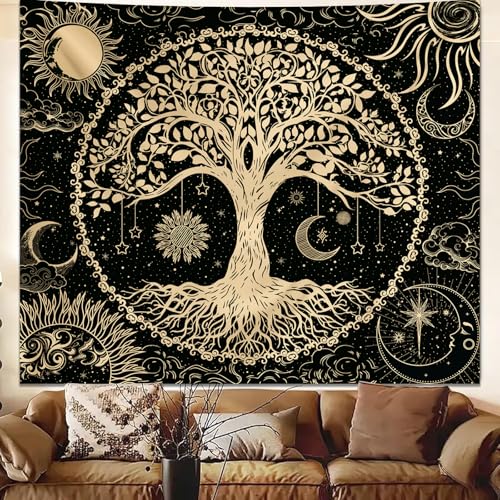 Avinyl Tree of Life Tapestry Wall Hanging, Large Black Sun Moon Tapestries - color: Black Gold Tree Tapestry, size: 60"L x 51"W