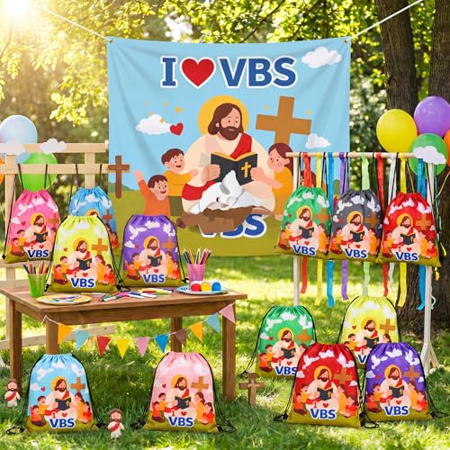 24 Pack I Love VBS Drawstring Bags Bulk Christian Theme Cinch Sack Backpack with Jesus Print Gift Bag for Church Events Vacation Bible School Gifts and Party Favor for Teacher School VBS