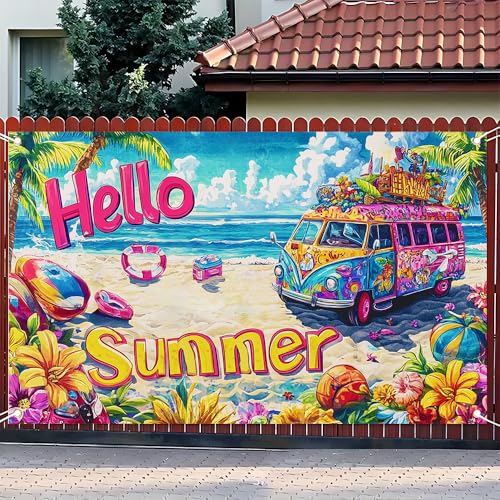 71x43 Inch Hello Summer Banner Retro Camper Van Beach Backdrop Floral Tropical Yard Decorations Seasonal Outdoor Decor Fence Sign - color: ColorfulB588, size: 70.8 x 43.3 Inch