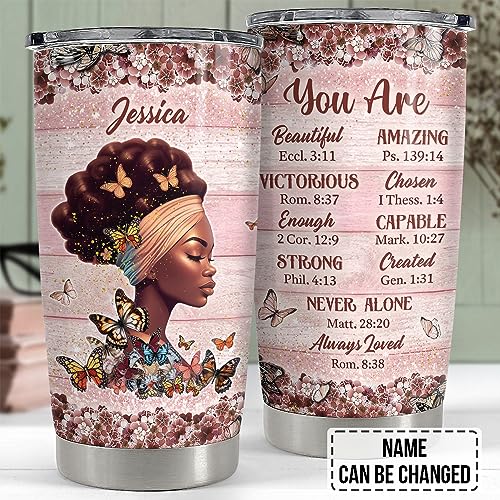 SANDJEST Personalized Black Queen Tumbler Faith Bible 20oz 30oz Tumblers with Lid Gift for African American Afro Black Girl Encouragement Birthday Women Day - color: Black Woman 1