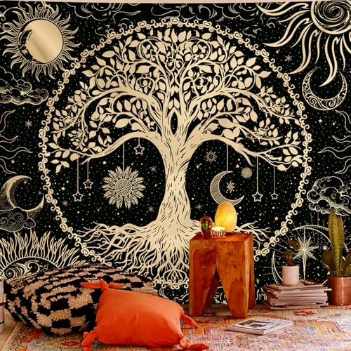 Avinyl Tree of Life Tapestry Wall Hanging, Large Black Sun Moon Tapestries - color: Black Gold Tree Tapestry, size: 60"L x 51"W