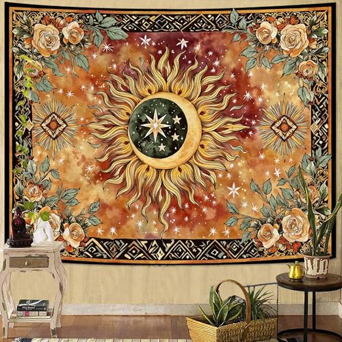 Faxdong Sun and Moon Tapestry, Boho Crescent Aesthetic Tapestries with Rose and Vine, Bedroom Room Living Room and Dorm Decor - color: Yellow, size: 48"L x 36"W