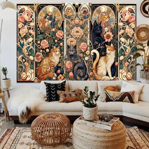 Apdidl Boho Floral Tapestry for Bedroom, Vintage Cute Cat Wall Hanging - color: Boho Wall Tapestry, size: 79"L x 60"W