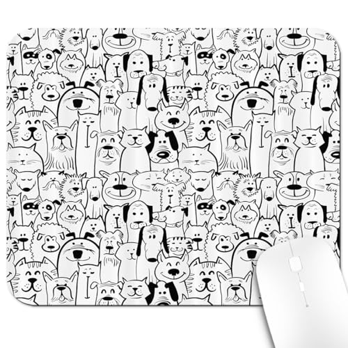 Dogs and Cats Cartoon Inspired Design Mouse Pad, Black and White Desk Mat - color: Black White