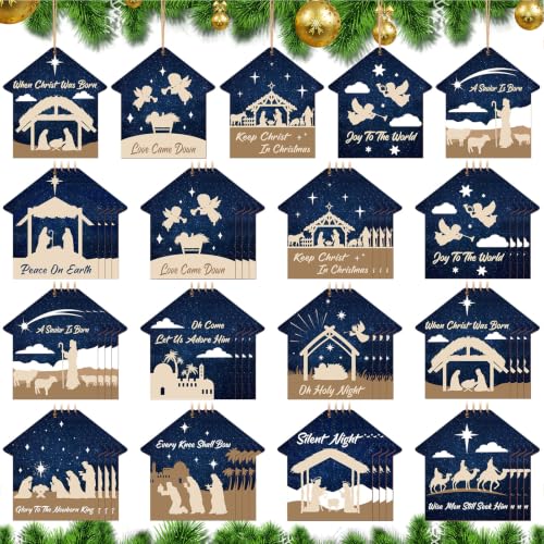 Soaoo 60 Pcs Christmas Nativity Scene Ornaments Bulk Wooden Decor, House - style: House