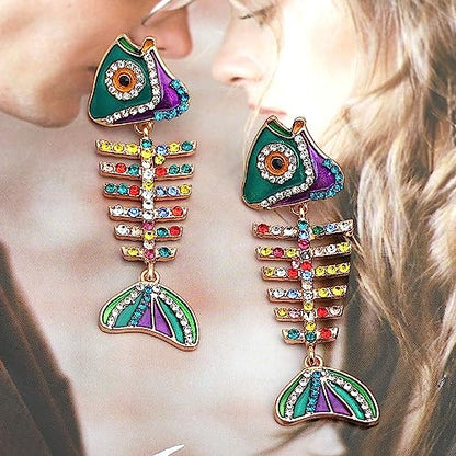Fish Bone Earrings Drip Oil Animal Earrings Colorful Crystal Sparkly Enamel Earrings Creative Long Fishbone Earstud Dangle Fish Drop Earrings Jewelry for Women - color: Colours