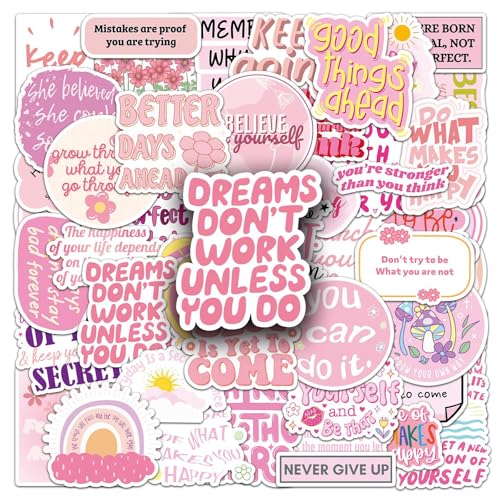 50PCS Pink Motivational Stickers for Girl, Waterproof Inspirational Positive Affirmation Vinyl Decals, Aesthetic Preppy Quote Stickers for Water Bottle, Laptop, Scrapbook, Skateboard, Guitar, Phone - color: Pink Motivational Stickers-1