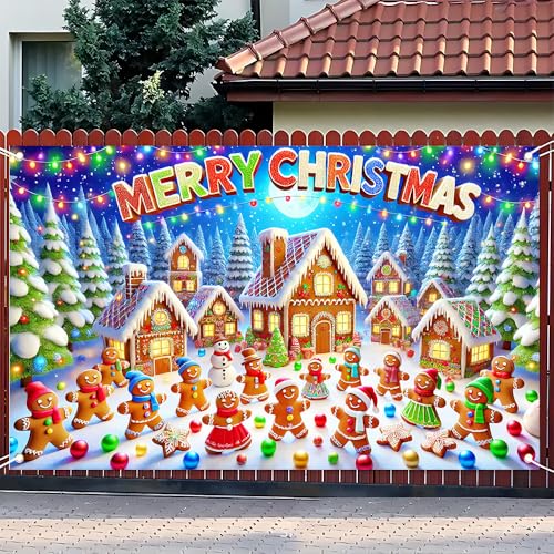 Christmas Banner 71x43 Inch Gingerbread Village Snow Tree and Light String Scene Festive Holiday Backdrop Warm Seasonal Decoration for Indoor Outdoor Celebration Party Display - color: ColorfulB564, size: 70.8 x 43.3 Inch