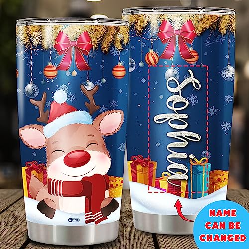 WAZONE Personalized Reindeer Tumbler Cup With Lid 20oz 30oz Custom Name Double Wall Vacuum Insulated Stainless Steel Coffee Travel Mug Xmas Christmas Holiday Gifts For Family Kids - color: Reindeer
