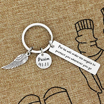 Kivosliviz Bible Verse Keychain for He Will Order His Angels to Protect You Scripture Keychain Religious Gifts - color: He Will Order His Angels