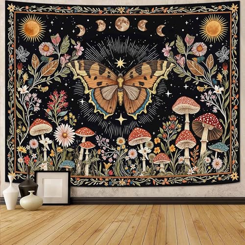 Accnicc Boho Butterfly Tapestry Mushroom Sun and Moon Hippie Wall Tapestry for Bedroom Aesthetic Vintage Floral Plant Large Tapestries Wall Hanging for Dorm Living Room Decor 80 x 60 Inch - color: Brown Black, size: 80"L x 60"W