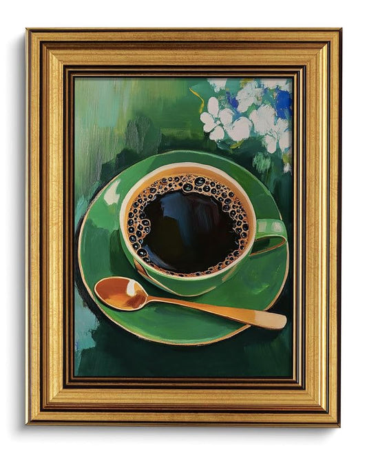 Vintage Green Coffee Cup Wall Art Gold Framed Kitchen Pictures Wall Decor - color: Gold Framed-01, size: 8x10in