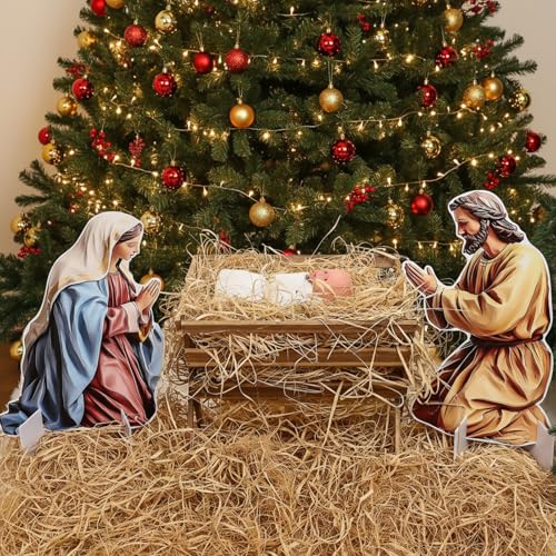Chunful 10 Pcs Large Nativity Scene Set 19 Inch Wooden Manger Baby Jesus Holy Family with Light Nacimiento De Jesus Decor Traditional Religious Christmas Indoor Outdoor Decoration