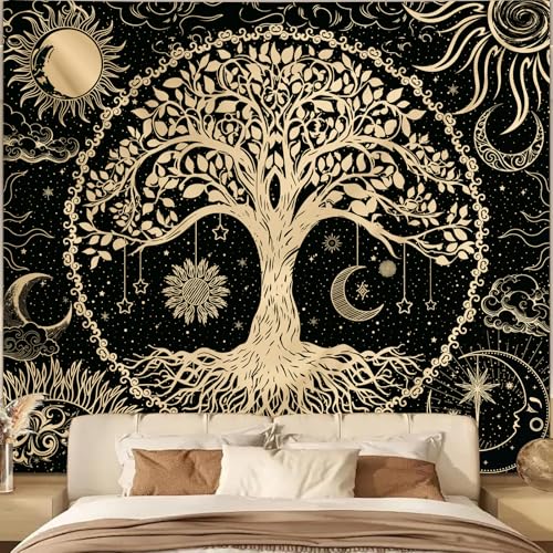 Avinyl Tree of Life Tapestry Wall Hanging, Large Black Sun Moon Tapestries - color: Black Gold Tree Tapestry, size: 60"L x 51"W