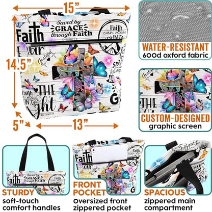 84hoods 15 inch Large Tote Bag for Work for Women. Christian Faith, Jesus God Religious Gift. Waterproof Shoulder Bag. - color: Saved By Grace